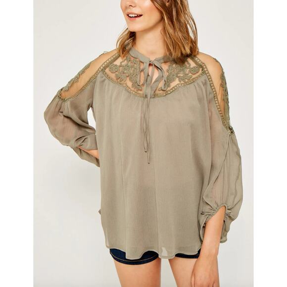 Hayden Sheer Lace Tie Front Peasant Top Olive Green Size Small Medium NWT - Picture 10 of 11